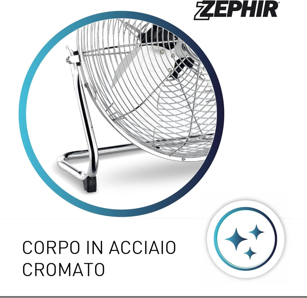 Zephir, Ventilatore Industriale da Pavimento, Alta Velocità, Acciaio Cromato, Pala 35cm, Inclinazione regolabile, Potenza 70W