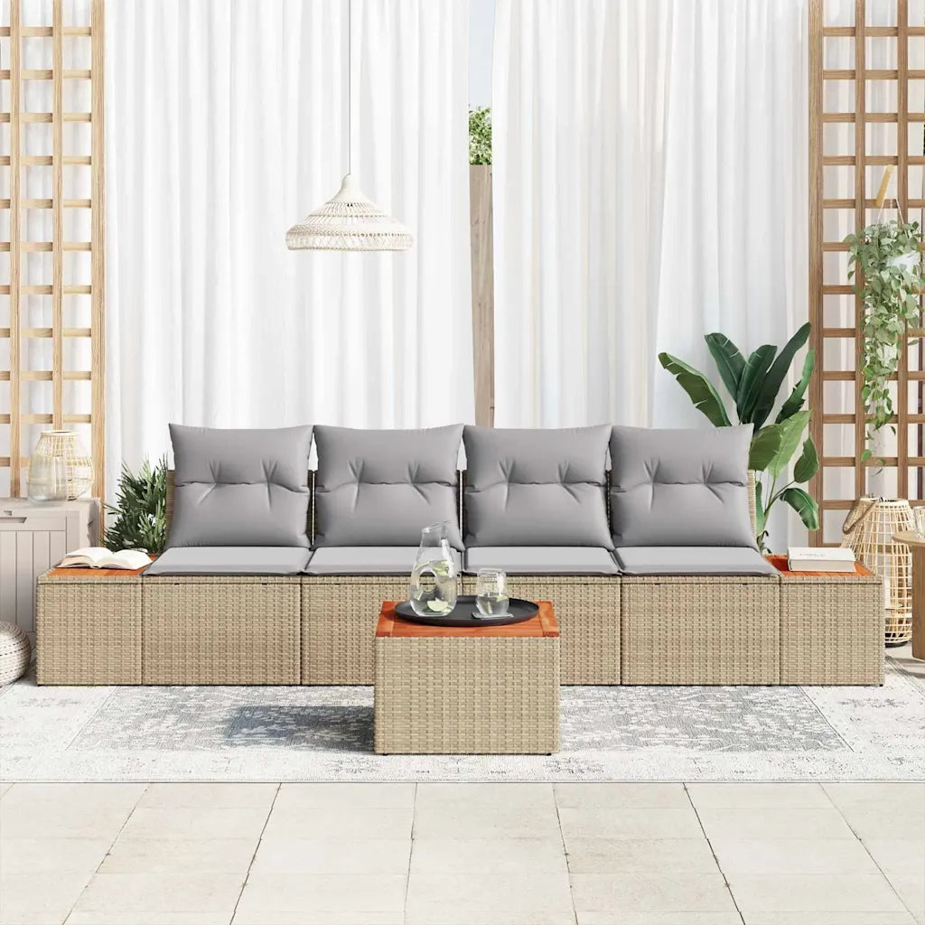 Set Divano da Giardino con cuscino 5 pcs Beige Poly Rattan