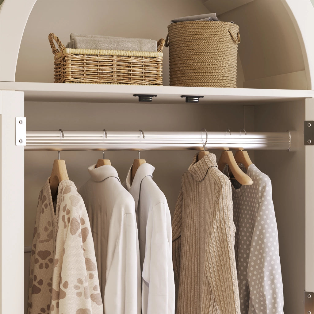 Armadio Guardaroba Bianco 78×45×181 cm con Ante in Rattan; Cassetti; Barra Appendabiti e Design Country Chic