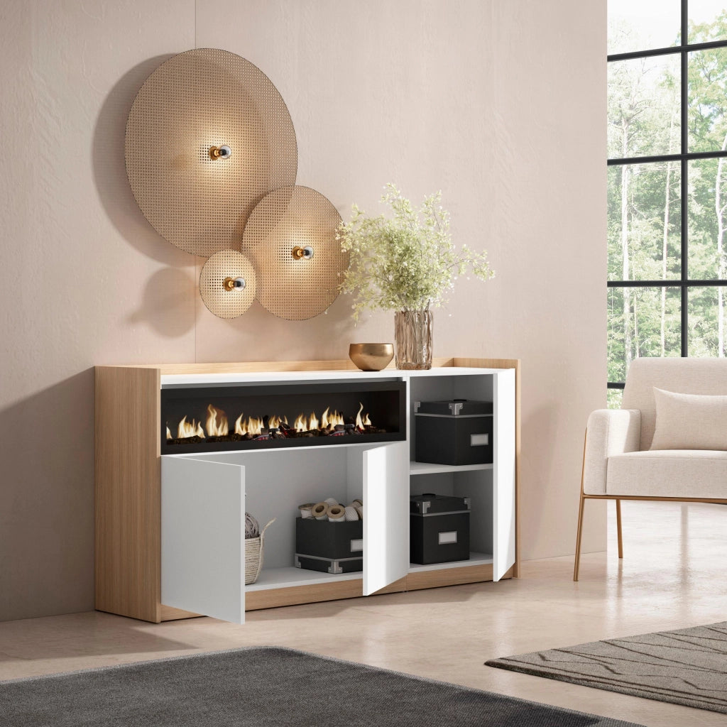 Credenza, Mobile, Cucina, 156x80x37 cm, 3 Porte, Camino elettrico, Bianco e Rovere soft