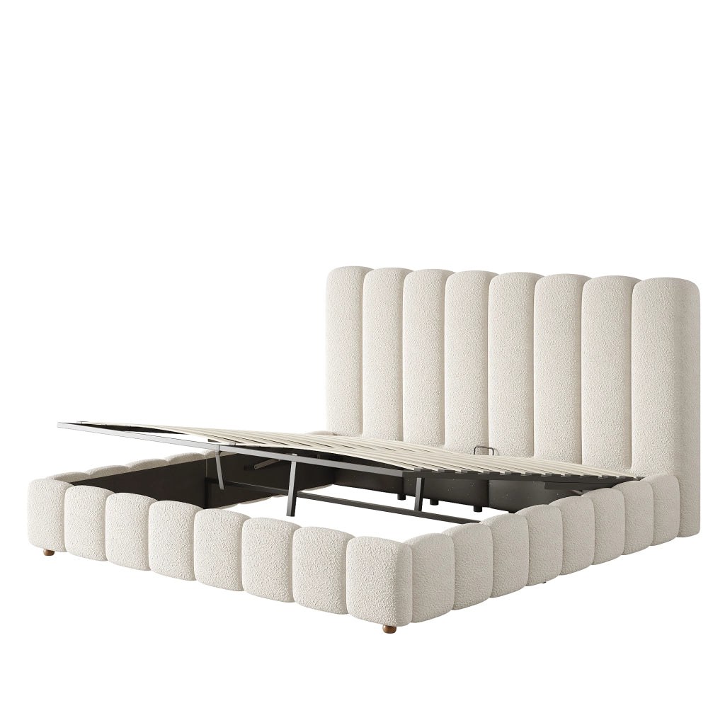 Letto matrimoniale in bouclé bianco 160x200 sollevamento idraulico doghe testiera