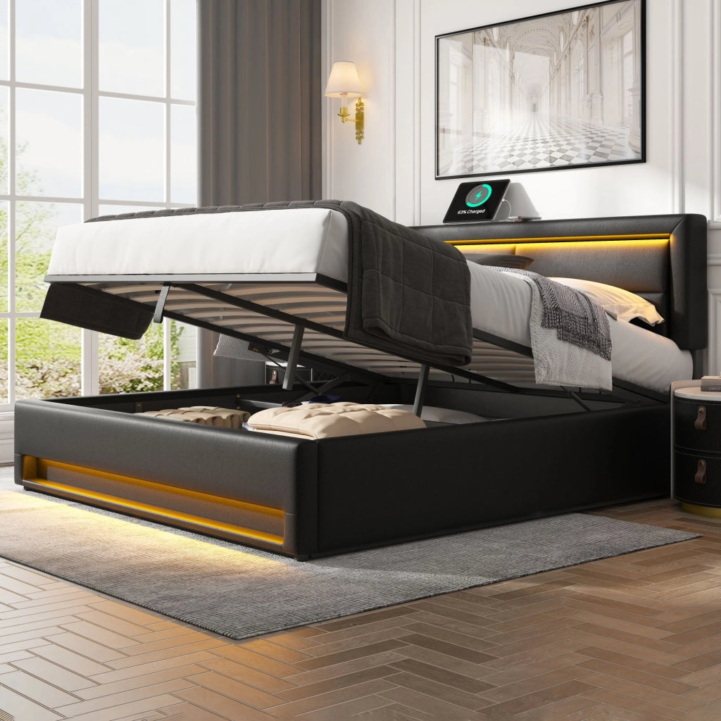 LETTO Imbottito 160x200 cm PU Nero con USB, LED e vano contenitore