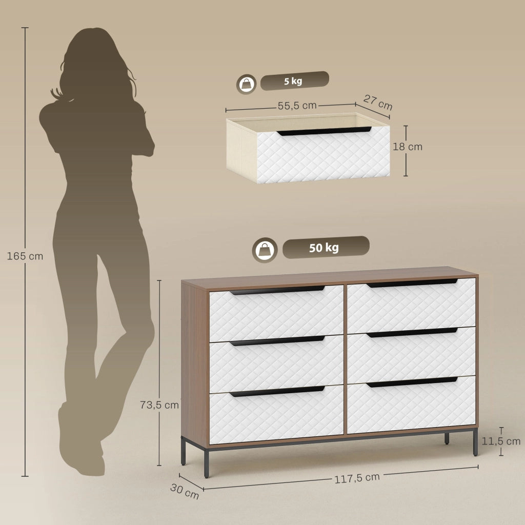 Cassettiera con 6 Cassetti Tessuto Diamante ¨C zephmum ¨C Naturale e Bianco