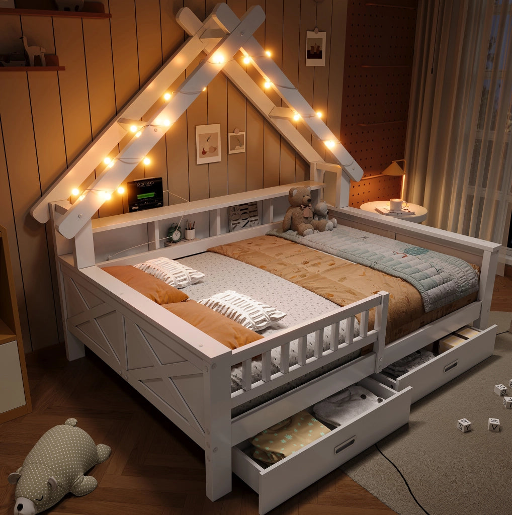 Letto a casetta con LED; 140x200 cm; con ripiani e 2 cassetti; in MDF e pino; bianco