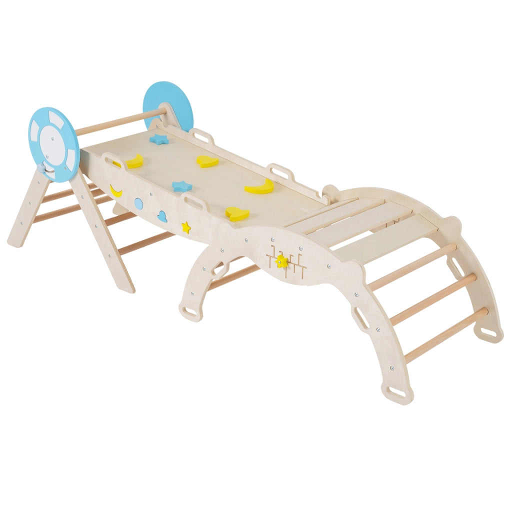 Set triangolare 7 in 1 legno montessori nautico arrampicata scivolo-Set scala arco labirinto palestra interna pieghevole bambini Naturale