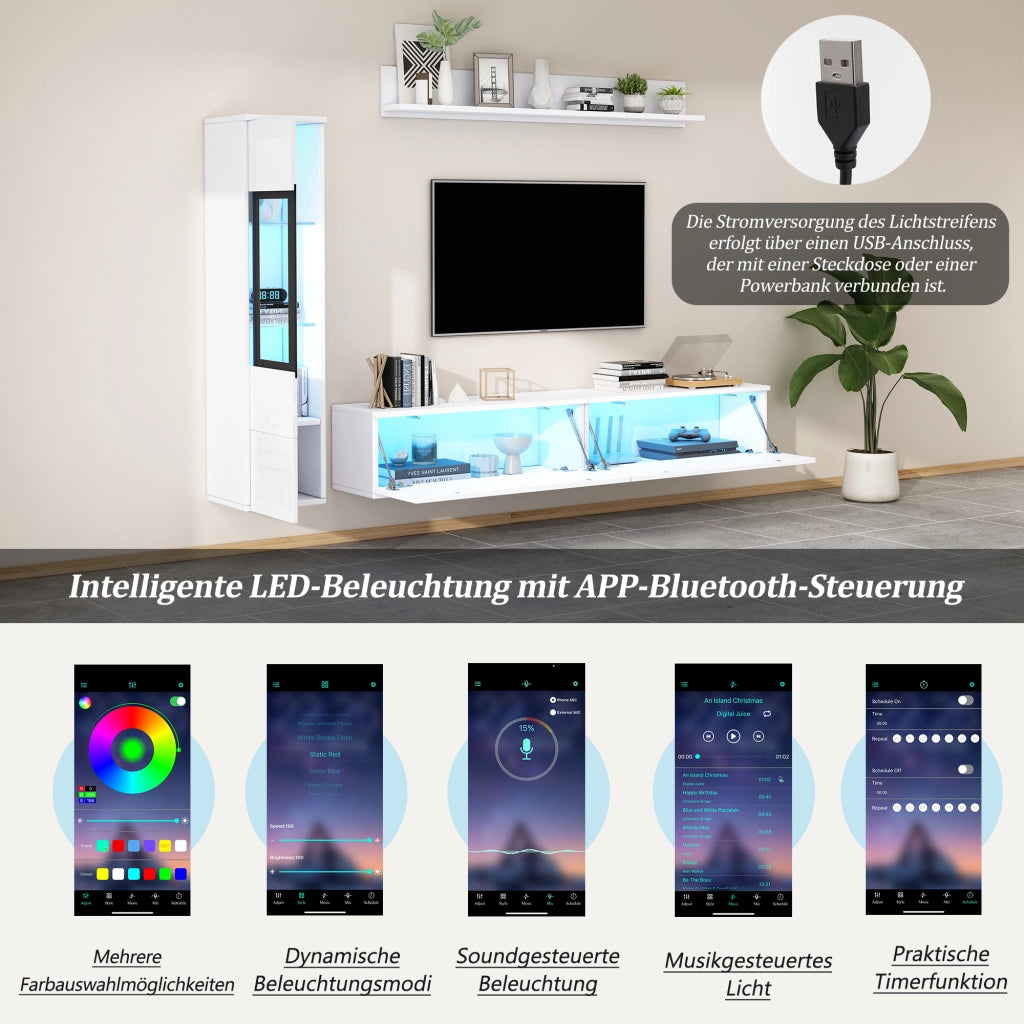 PARETE ATTREZZATA Set da 3 pezzi con LED 180 cm Bianco lucido