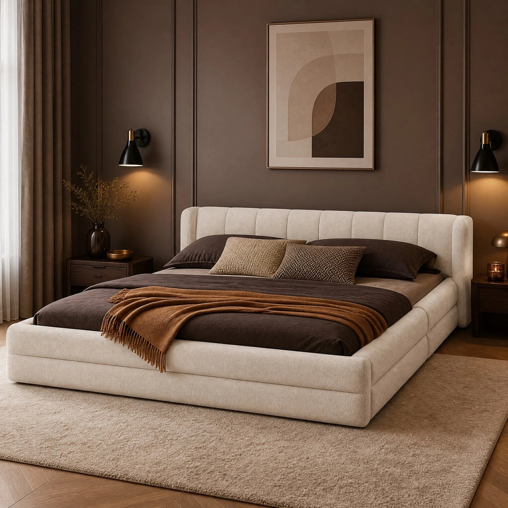 DESMIU Lit matrimoniale 140 × 200 cm con testiera imbottita, senza materasso, in ciniglia, beige