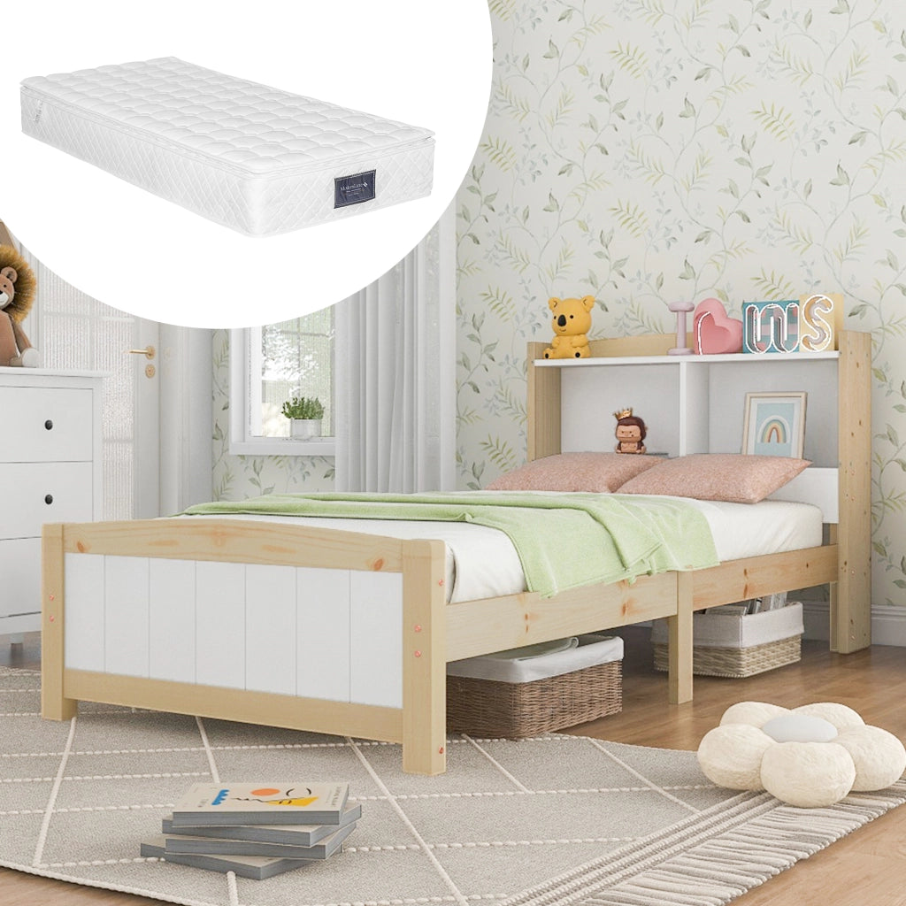 LETTO Singolo 90x200 cm in Legno Massello Bianco/Naturale con materasso incluso