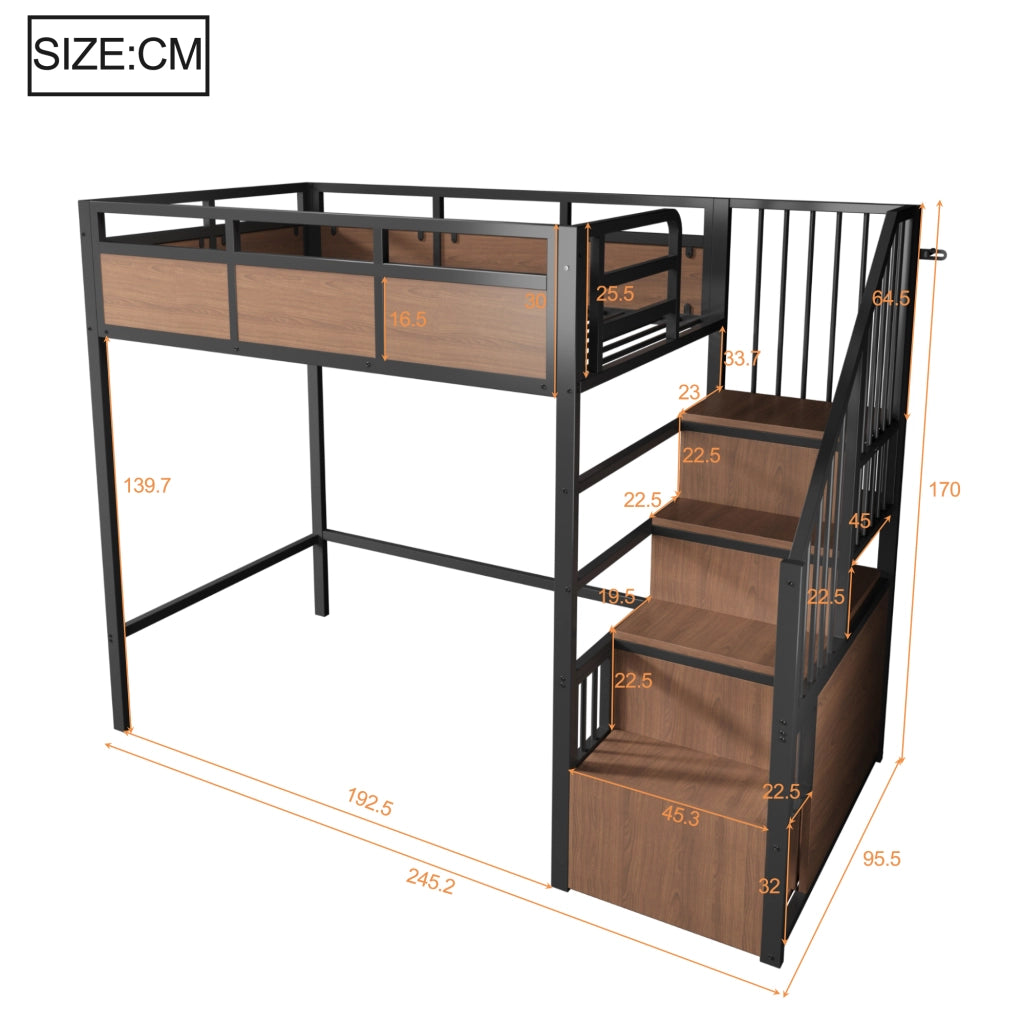 Letto a soppalco 90 × 200 cm con scala contenitore reversibile, led, senza materasso, in metallo e legno, nero