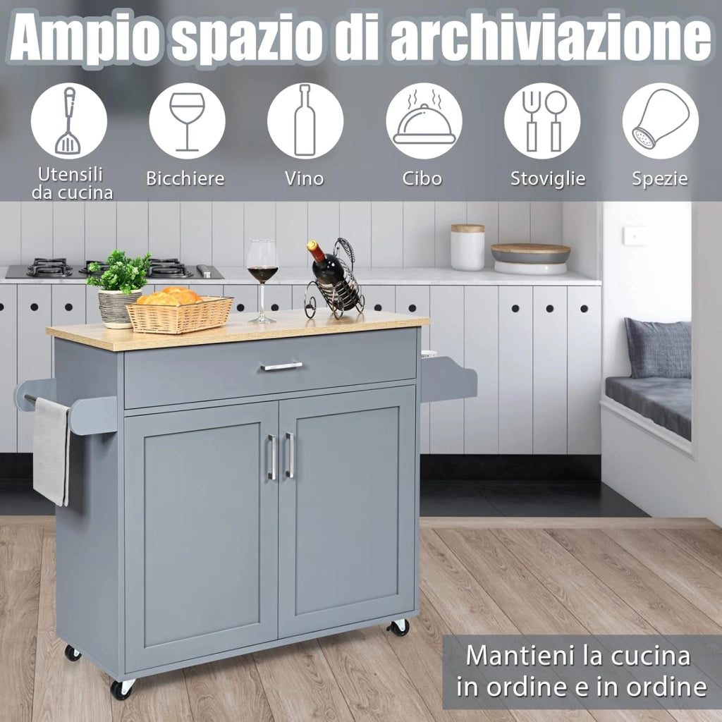Carrello da Cucina con Ruote di Gomma, Scaffale per Microonde Carrello Servizio, Mobile Cucina con Ripiani e Ante, Credenza Cucina Legno Moderno Elegante, 116 x 37 x 85 cm (Grigio)