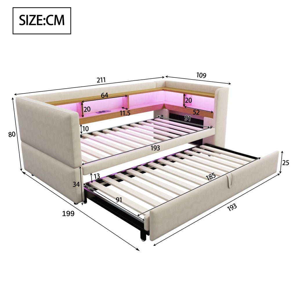 OKWISH Letto Divano Estraibile 90×190 cm e 180×190 cm, Letto Singolo con LED Regolabile, Prese e Scomparti, senza Materasso, Beige