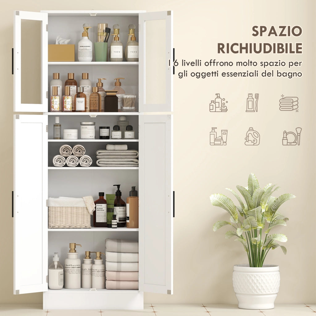 Mobile Bagno Alto 60x30x170 cm Ante Superiori in Vetro in MDF Bianco
