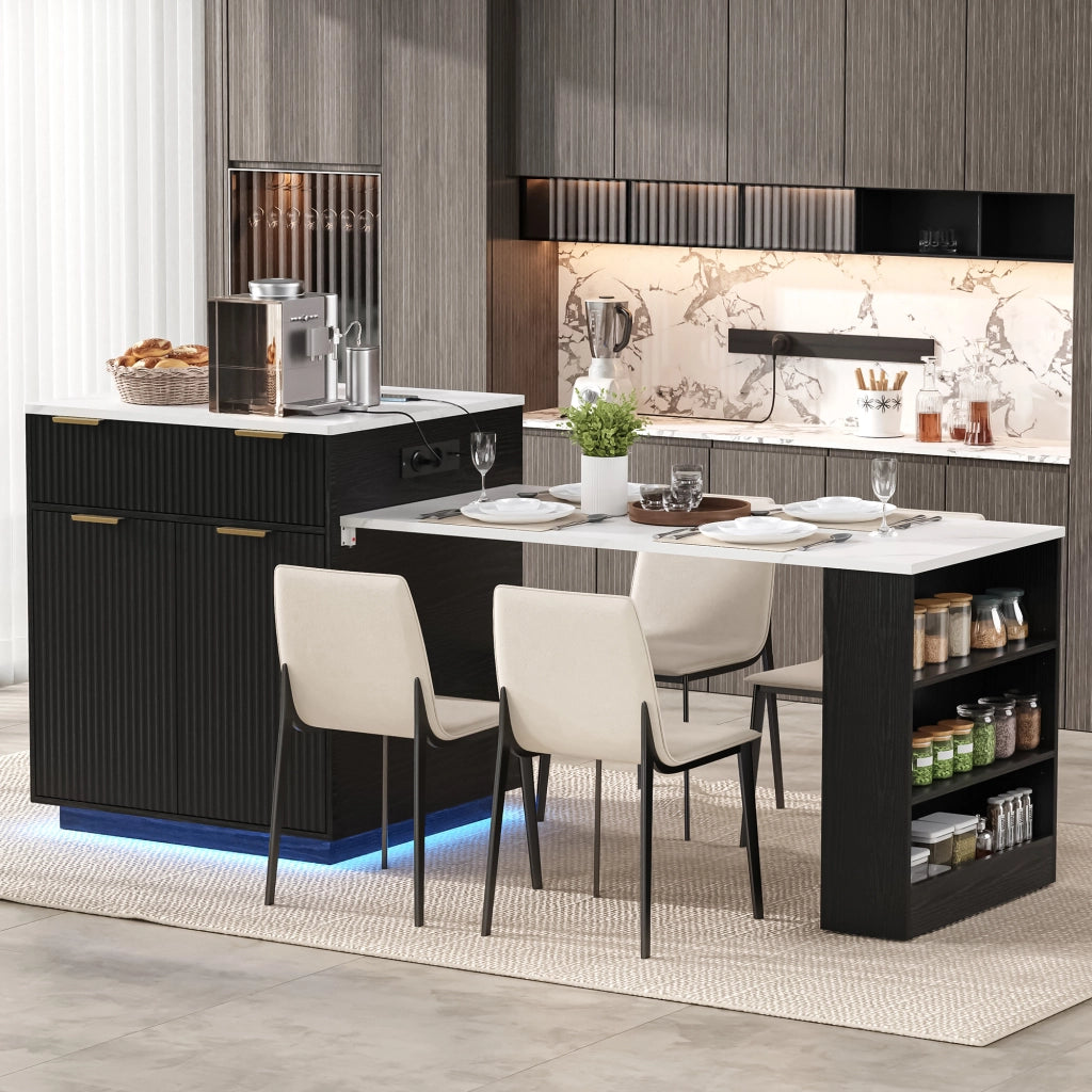 Tavolo da pranzo allungabile con 4 cassetti, ripiani regolabili, LED e prese, per cucina e sala da pranzo, nero
