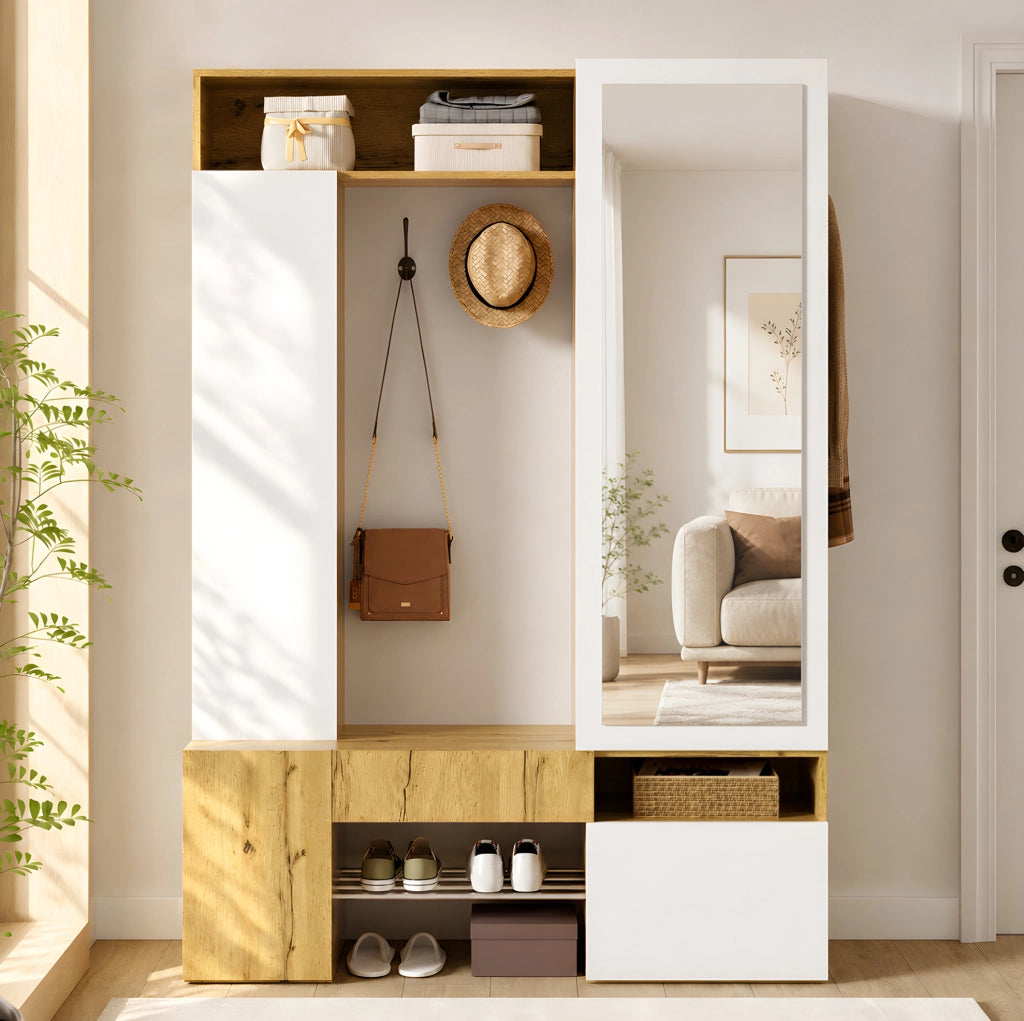 Garderobiera ingresso con specchio; scarpiera e appendiabiti in MDF 127x35x180;5 cm; bianco/naturale