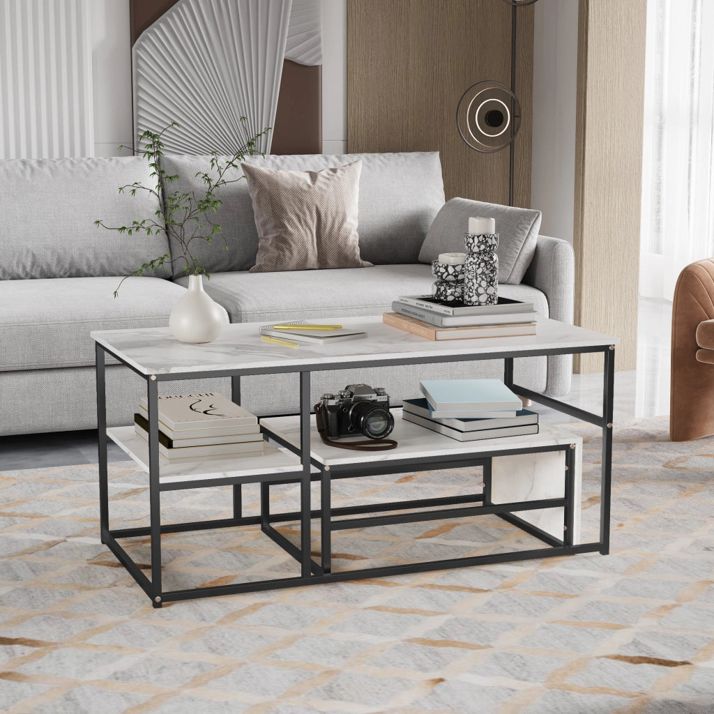 Tavolini da salotto set 2 pezzi 105x52x48,5 cm tavolino pieghevole sovrapponibile con contenitore effetto marmo metallo - nero