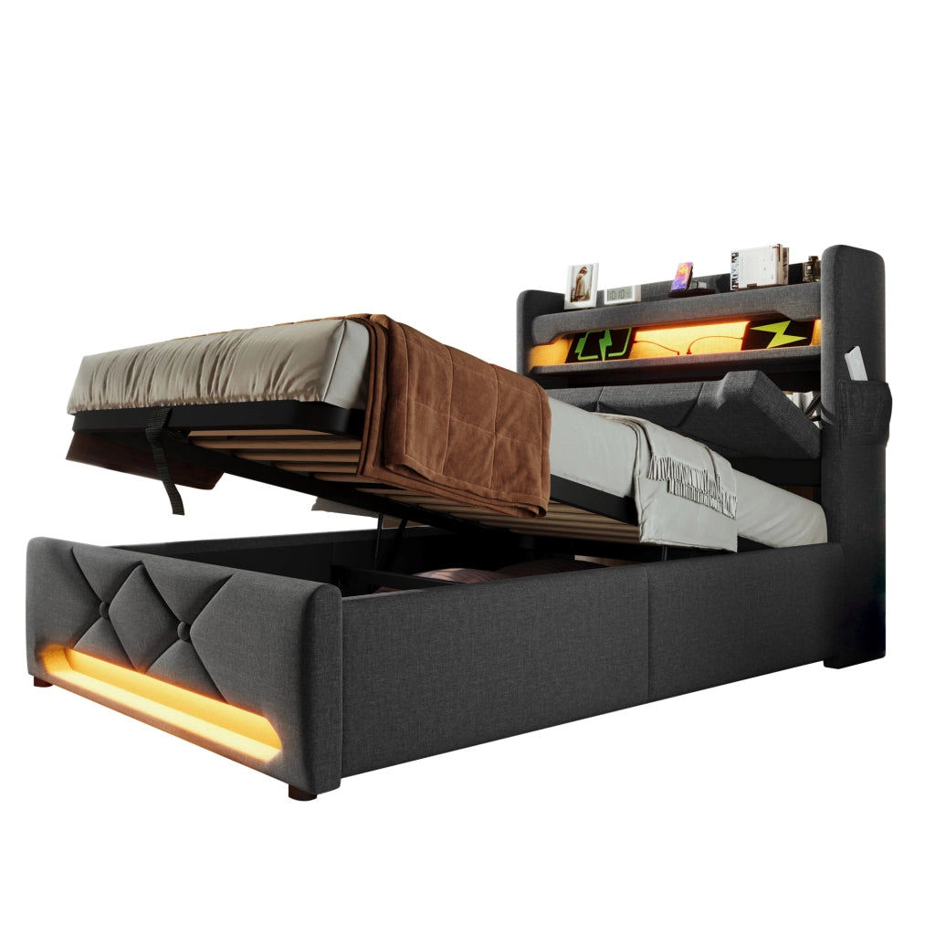 Letto singolo 90x200 con LED, USB e materasso incluso