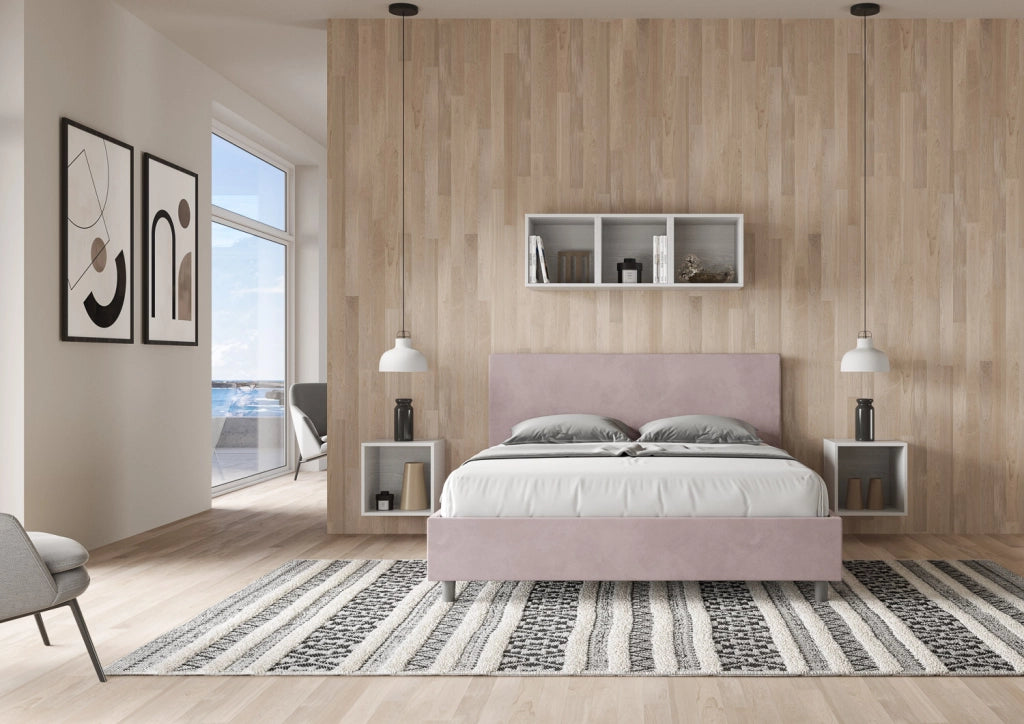 BS COM Letto queen size con rete imbottito 150x190 microfibra glicine