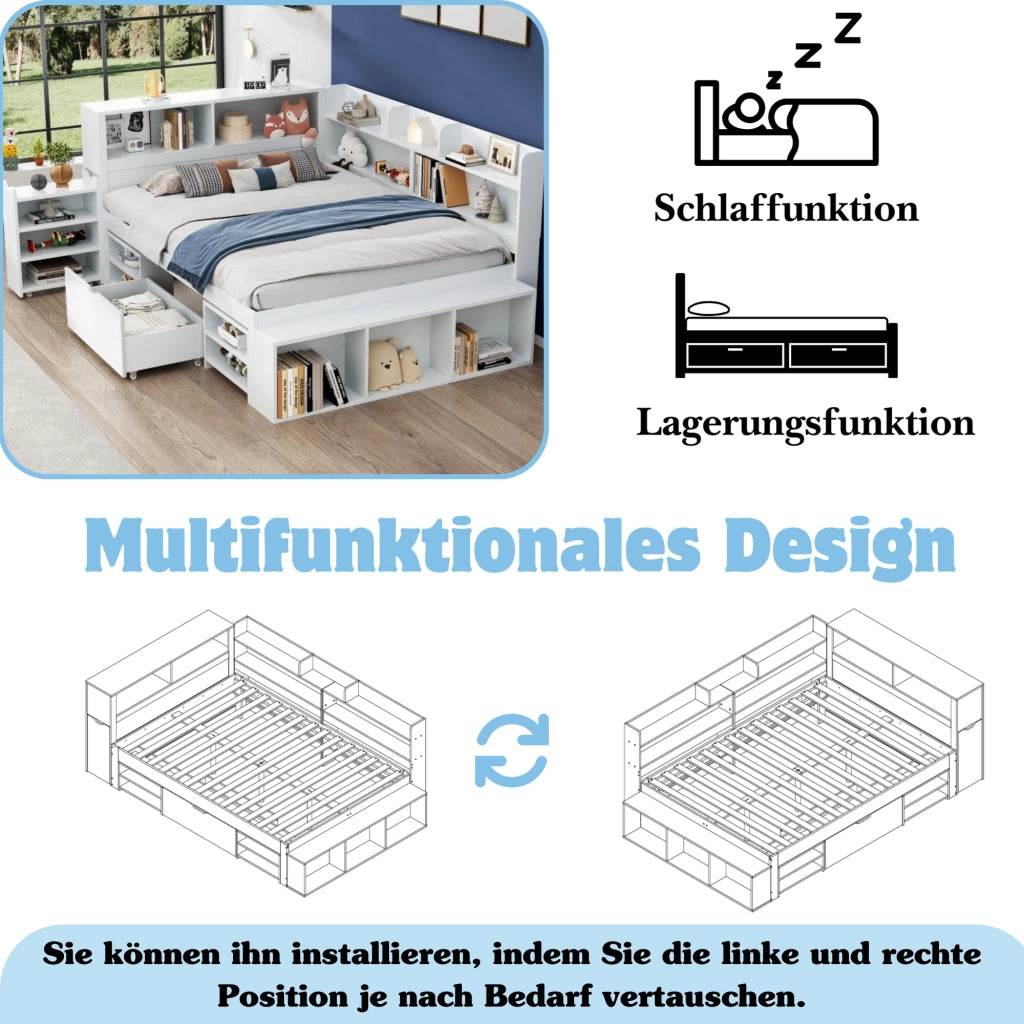 LETTO multifunzionale 140x200 cm bianco con cassetti e vani contenitore
