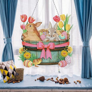 Decorazione per la porta Pasquale con disegno di conigli, uccelli, fiori e uova, kit di pittura con diamanti DIY.