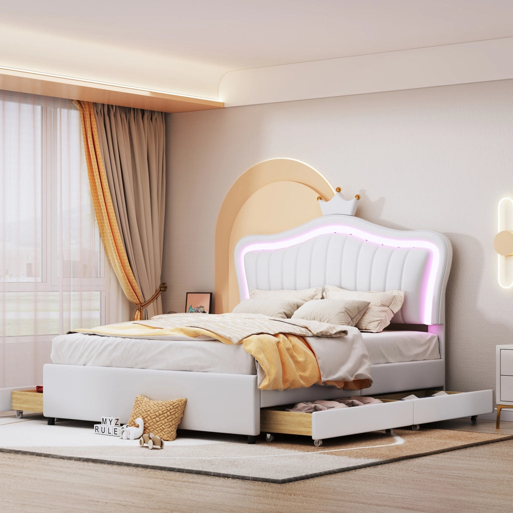 LETTO imbottito 140x200 cm bianco in PU con 4 cassetti e LED