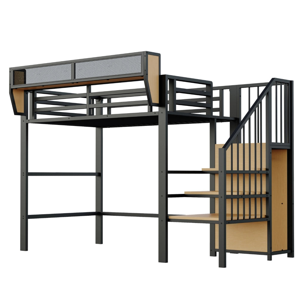 Letto a soppalco 90x200 in metallo con scala di sicurezza e ripiano flessibile, nero