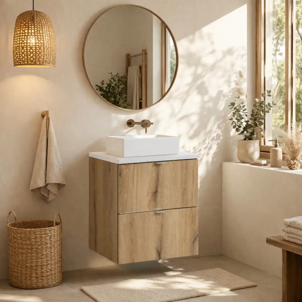 Set bagno sospeso VANO in rovere e bianco 50cm: mobile sotto lavabo con cassetti + piano per lavabo