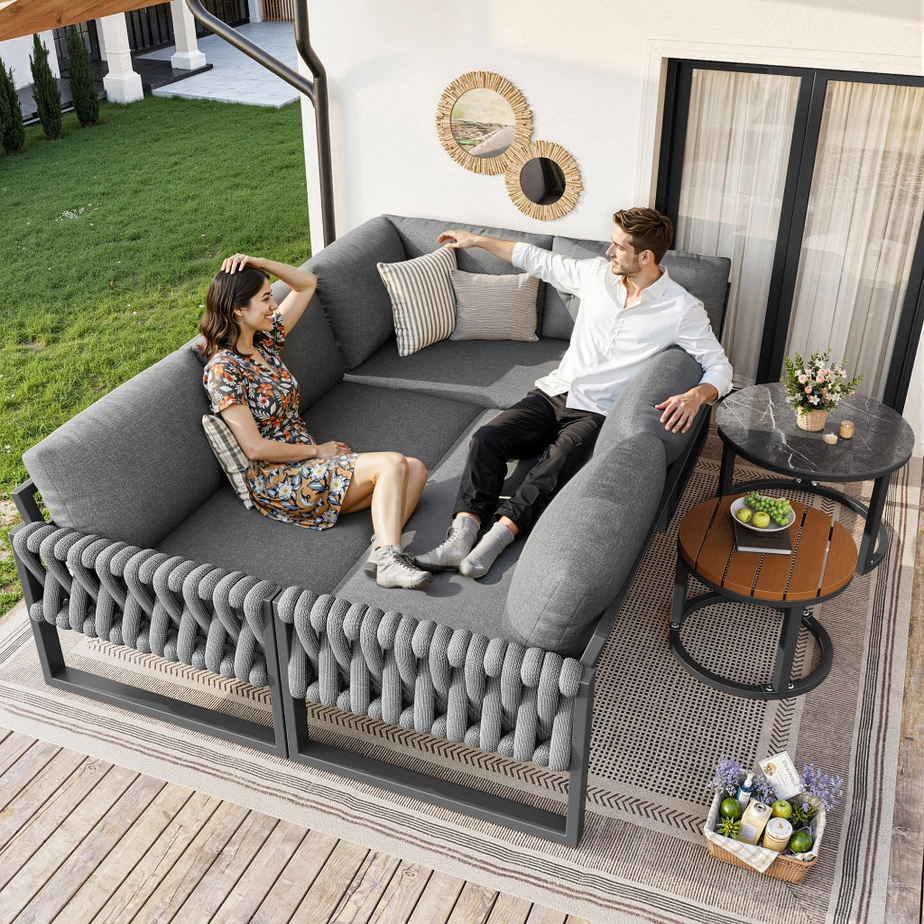 Set da giardino modulare - Zephmum- Per 5-6 persone, cuscini rimovibili, gambe regolabili, grigio
