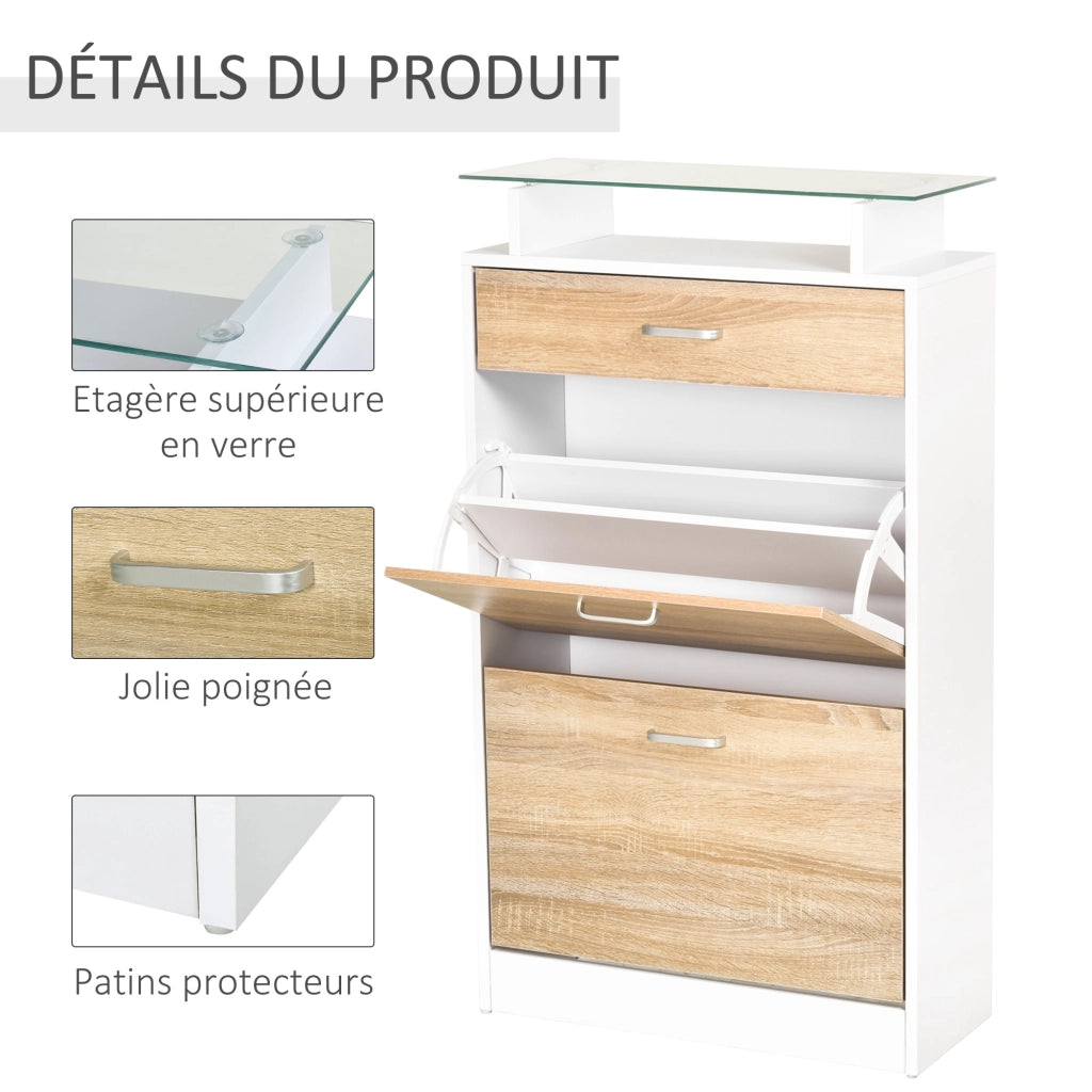 Armadio per Scarpe con 2 Ante Battenti, Cassetto e Piano in Vetro ¨C Minimal ¨C Legno Rovere Bianco 60x35x100