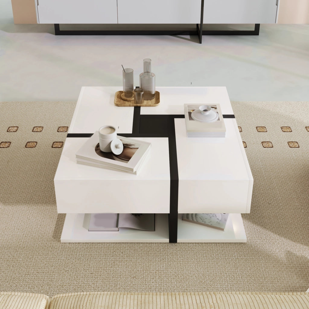 Tavolino da salotto quadrato 4 cassetti con ripiano aperto, finitura lucida, per soggiorno, in truciolare, bianco, 78 × 78 × 36 cm