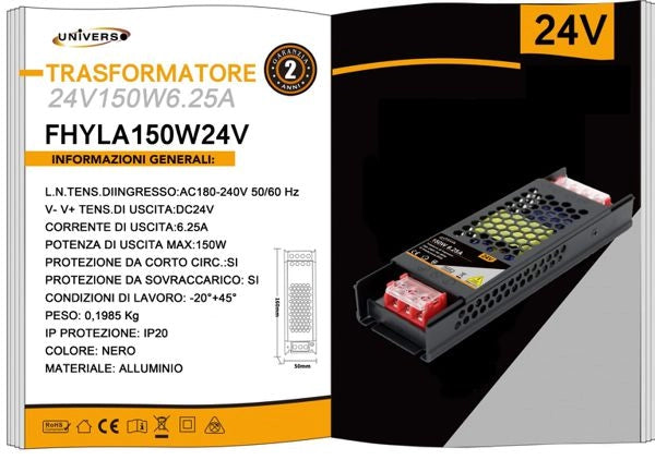 Alimentatore Trasformatore 24v 150w 6,25A 220V FHYLA150W24V