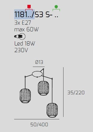 SOSPENSIONE CROMO 3 LUCI SPOSTABILE VETRI TR + 2X BF 1181CR-S3 S-BT