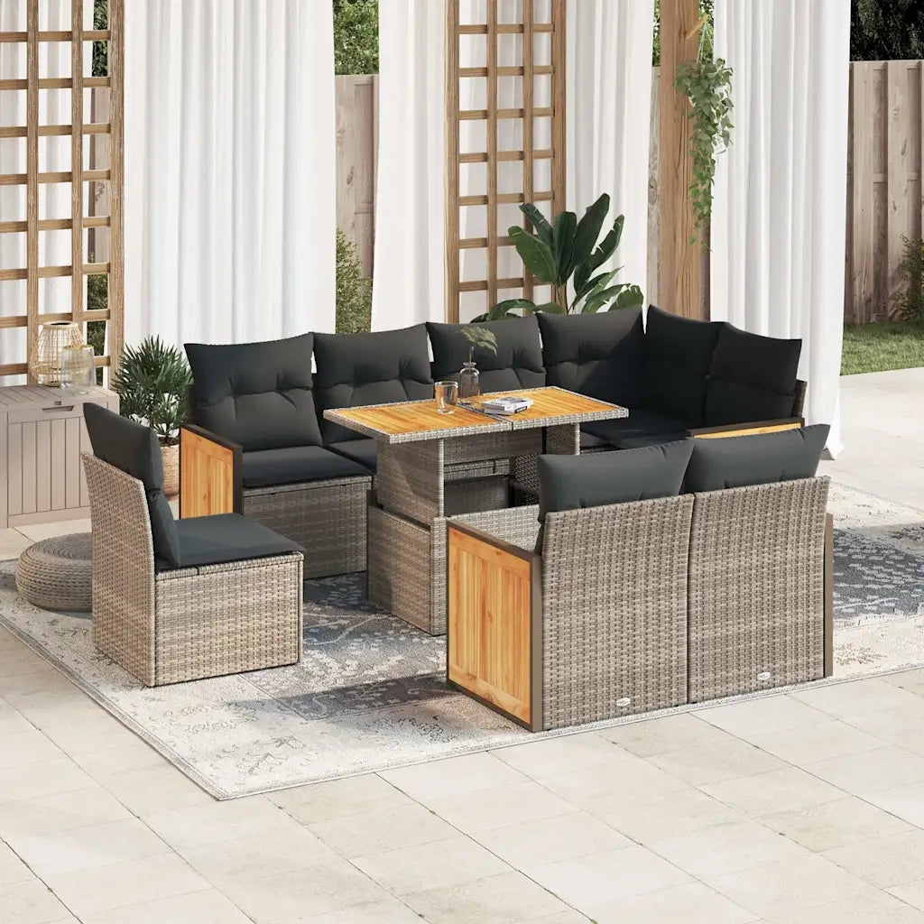 Set Divano da Giardino 9pz con Cuscini Grigio Polyrattan Acacia 3327728