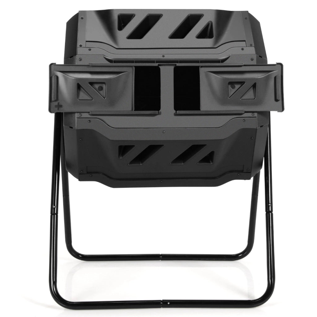 Bidone di compostaggio girevole con doppia camera, Dispositivo di compostaggio con 2 porte scorrevoli Nero