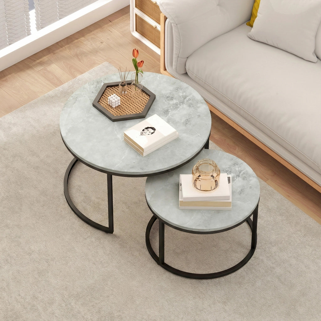 Tavolino da caff¨¨ rotondo effetto marmo ¨C Minimal ¨C 2 pezzi telaio metallo grigio