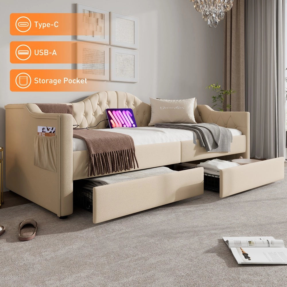 Letto Imbottito Contenitore con USB e 2 Cassetti ¨C MINIMAL ¨C Velluto Beige 90x200