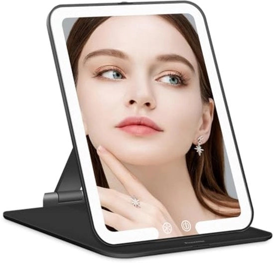 Specchio per trucco con illuminazione LED, ricaricabile e pieghevole, nero