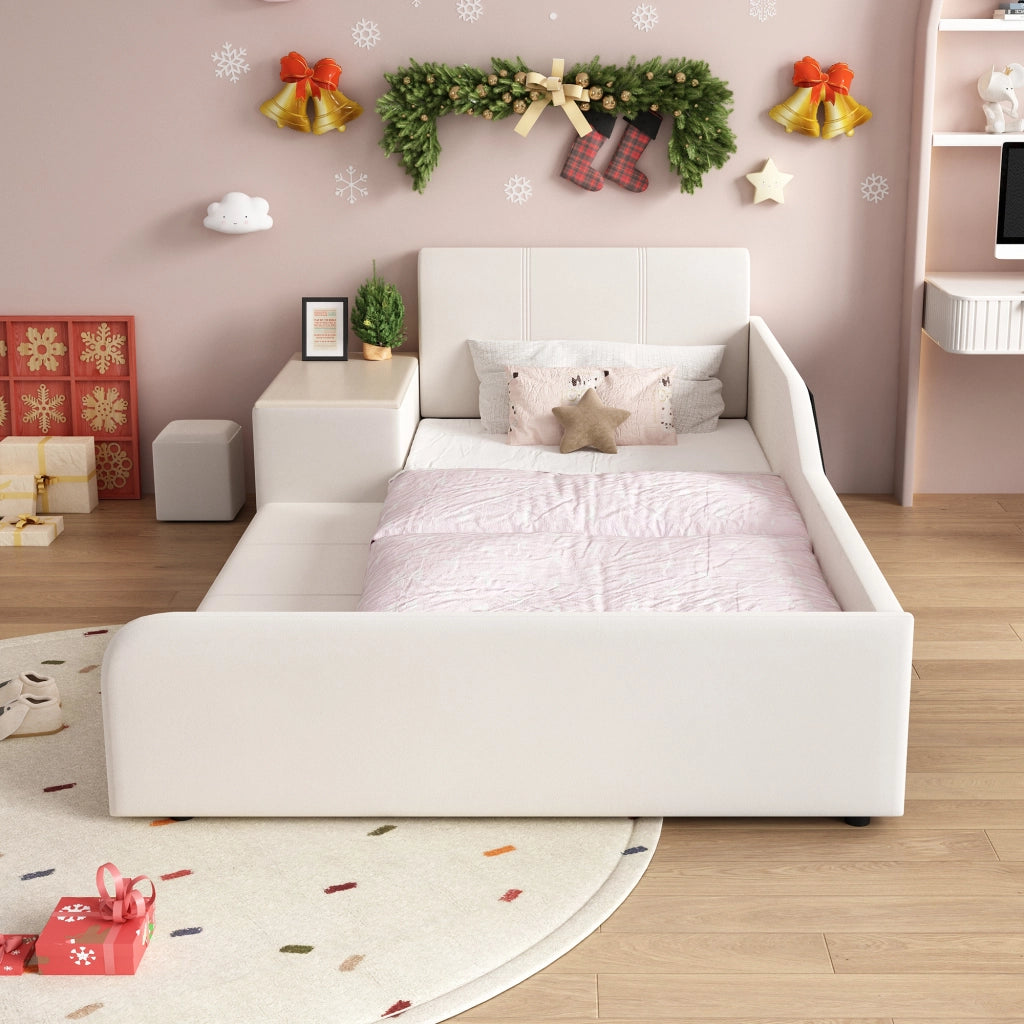 LETTO singolo 90x200 cm in velluto bianco con scrivania e sgabello