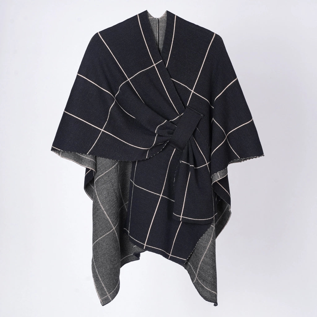 Nuovo cappotto-scialle a quadri lavorato a maglia da donna, caldo cardigan con nappine
