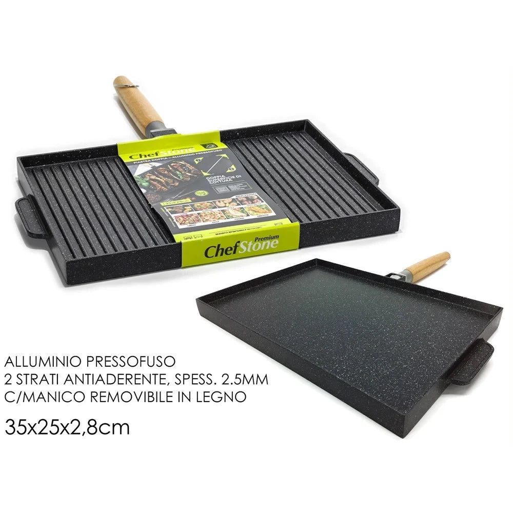 Trade Shop - Piastra Doppia Bistecchiera Antiaderente In Alluminio Doppio Lato Cottura Manico Rimovibile -