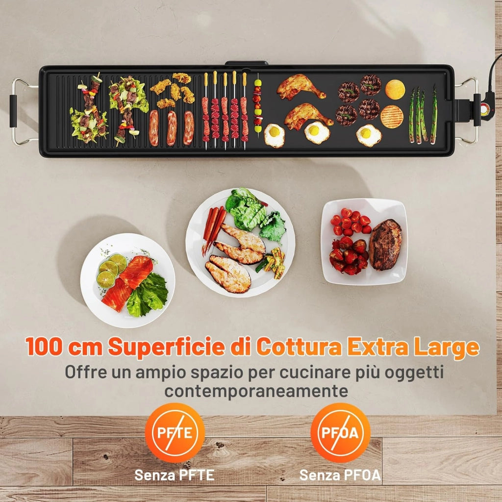1800W Griglia Elettrica, Griglia Antiaderente da Banco con Temperatura Regolabile, Termostati e Vassoio di Sgocciolamento, per Interni e per Esterni (100 x 22 cm)