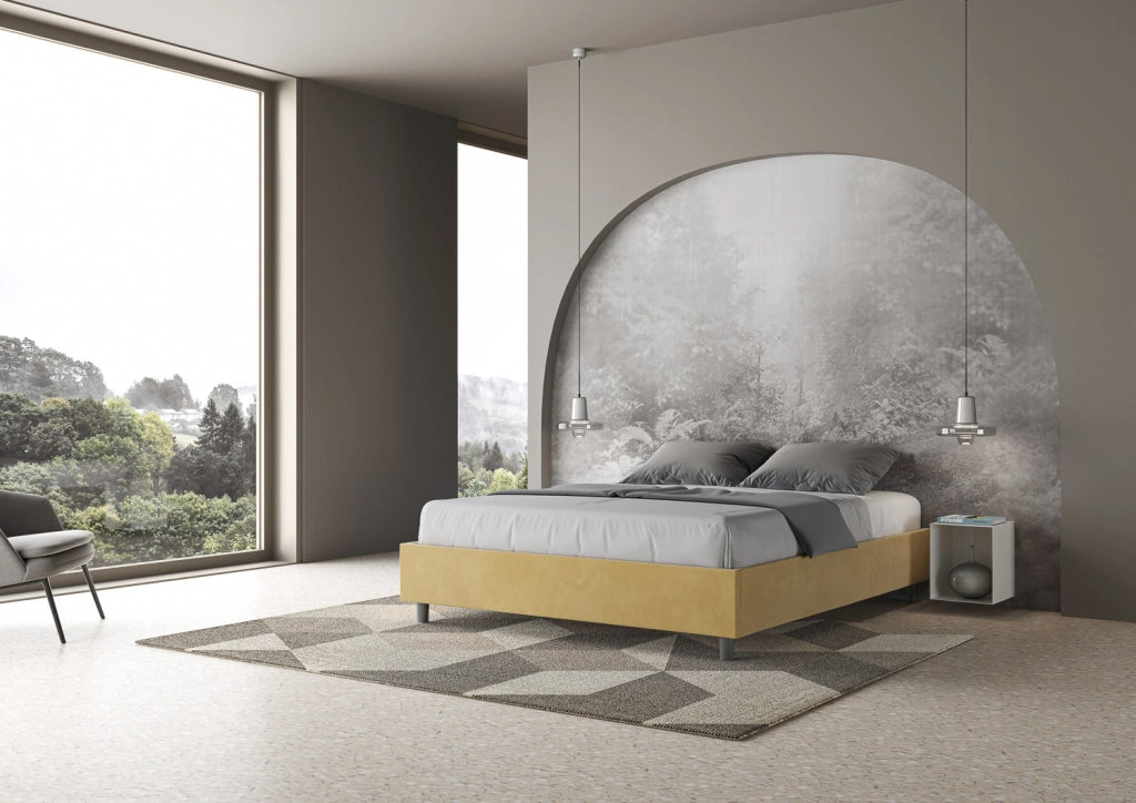 BS COM Letto matrimoniale con rete imbottito 160x210 microfibra ocra