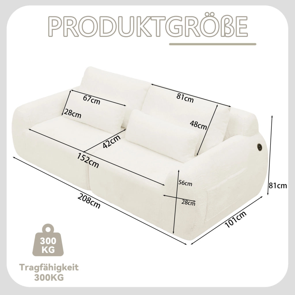 Divano 2 Posti con Porta USB e Tasca Laterale, in Schiuma, Beige