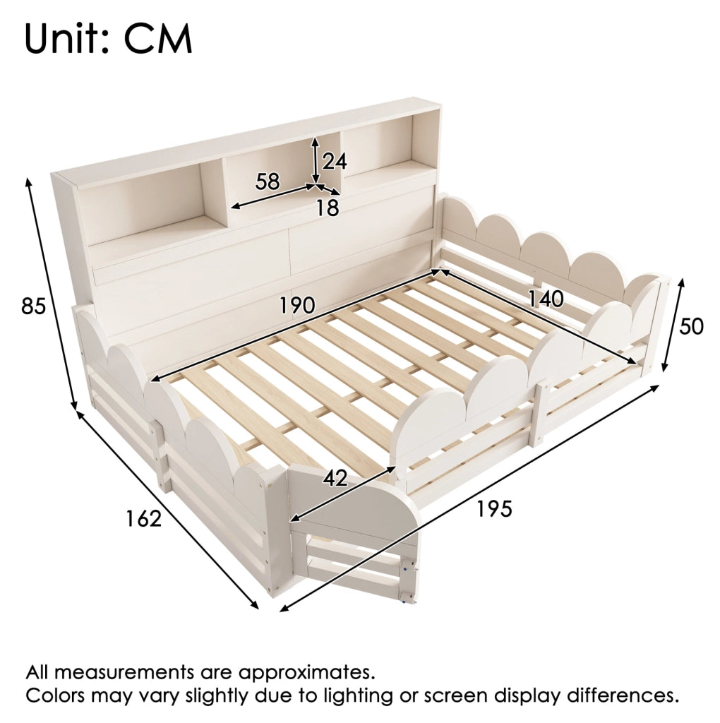 Letto a pavimento per bambini 140x190 cm bianco con barriera, porta e scaffale