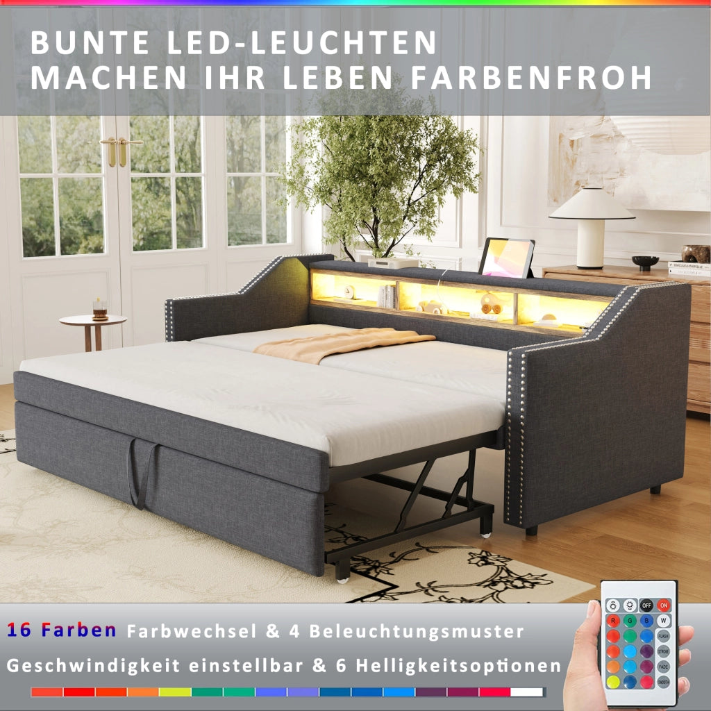 DIVANO LETTO Estraibile 90/180 x 190 cm Grigio Scuro con USB e LED