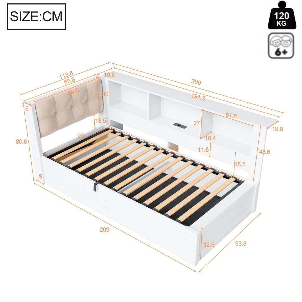 LETTO Contenitore laterale 90x200 cm Bianco con USB e LED