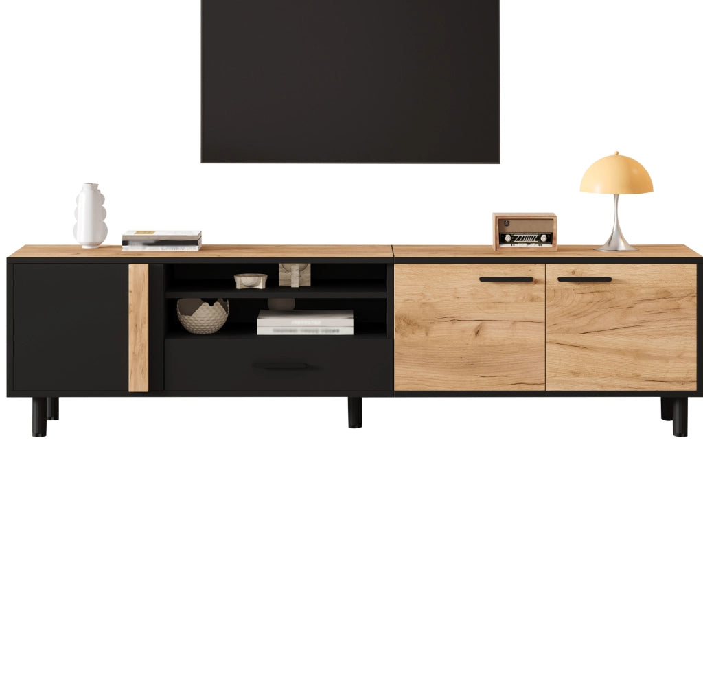 Mobile TV 180x32.5x50 cm con 3 ante; 1 cassetto e ripiano semichiuso in truciolare nero e naturale