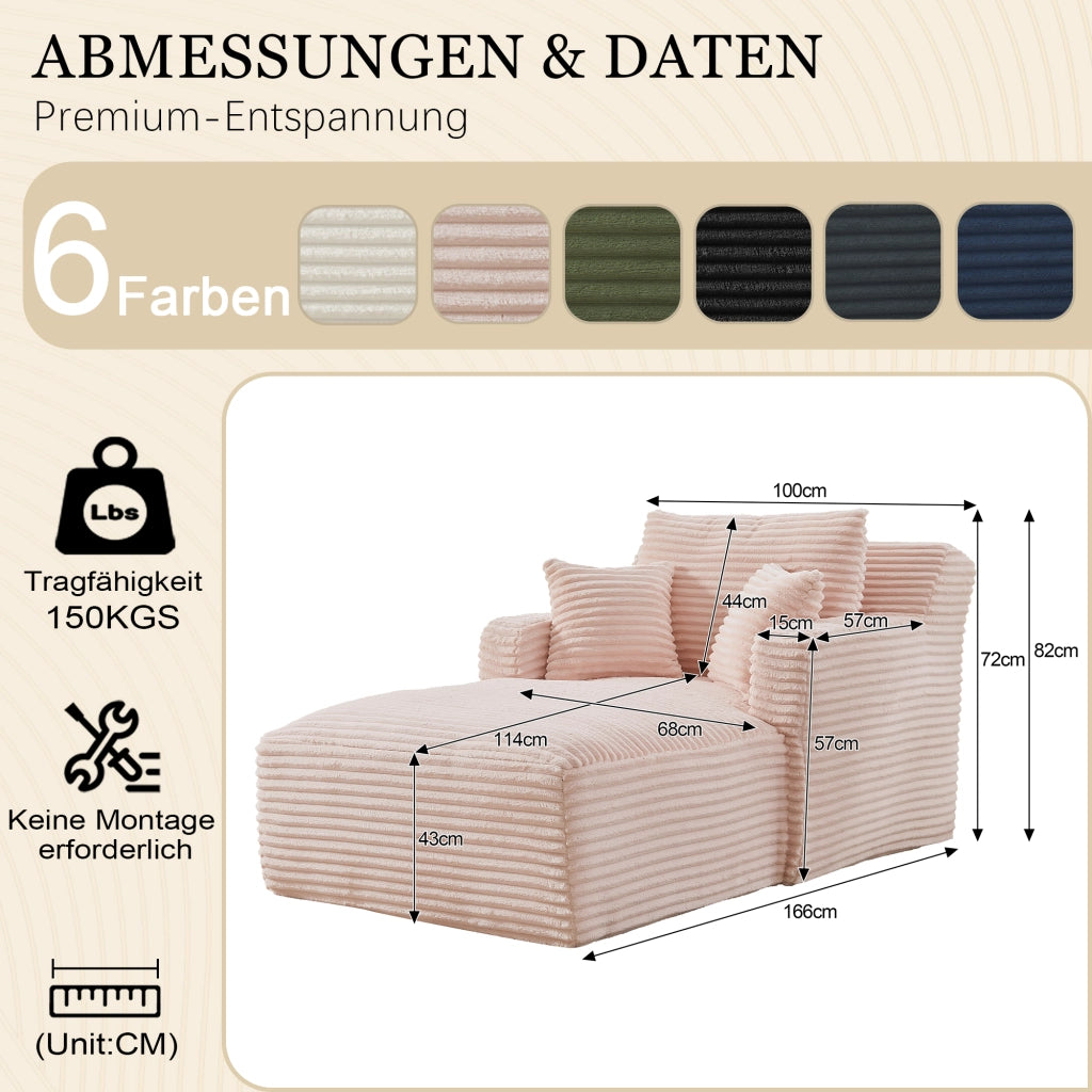 Chaise longue con funzione letto e seduta relax senza montaggio per soggiorno in velluto a coste rosa