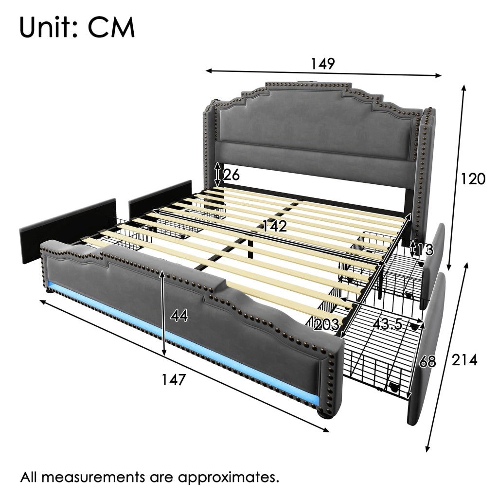 OKWISH Letto con Cassetti 140×200 cm, Letto Matrimoniale con 4 Cassetti, LED Regolabile e USB e Tipo C, senza Materasso, in Velluto, Grigio