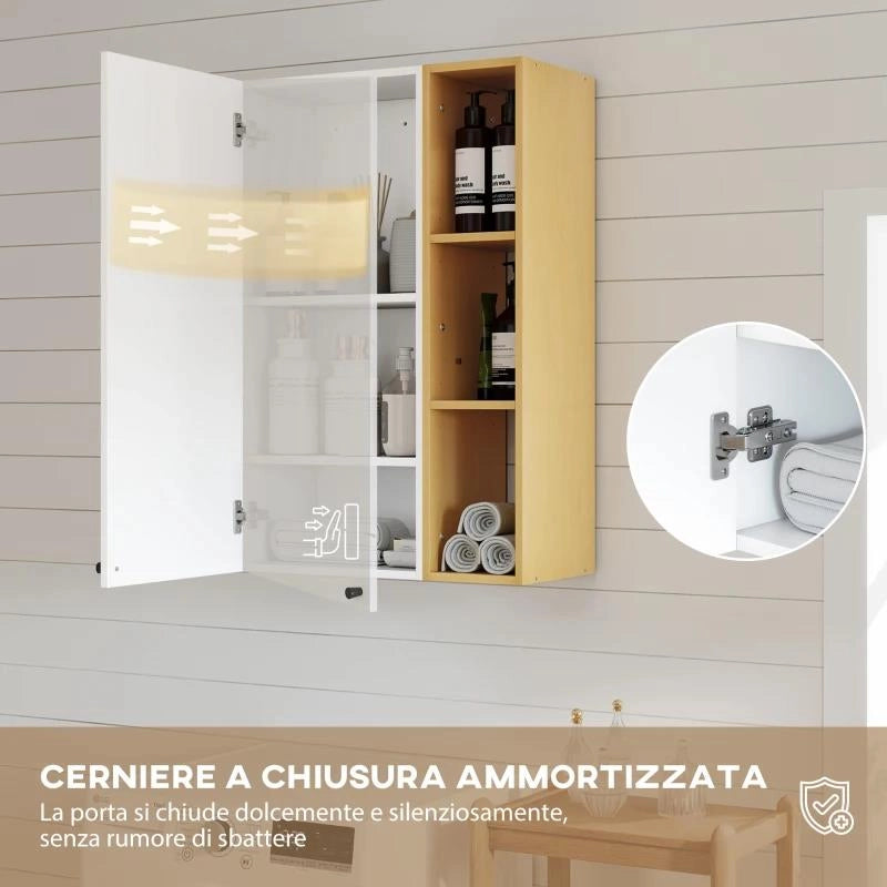 ARMADIETTO BAGNO A PARETE CON RIPIANI REGOLABILI E 3 MENSOLE APERTE, 59.5X30X90 CM, BIANCO E LEGNO