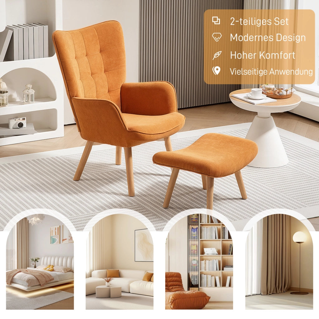 Poltrona con poggiapiedi, poltrona a orecchioni con schienale alto, gambe in legno, poltrona lounge con design capitonn¨¦, effetto velluto a coste,